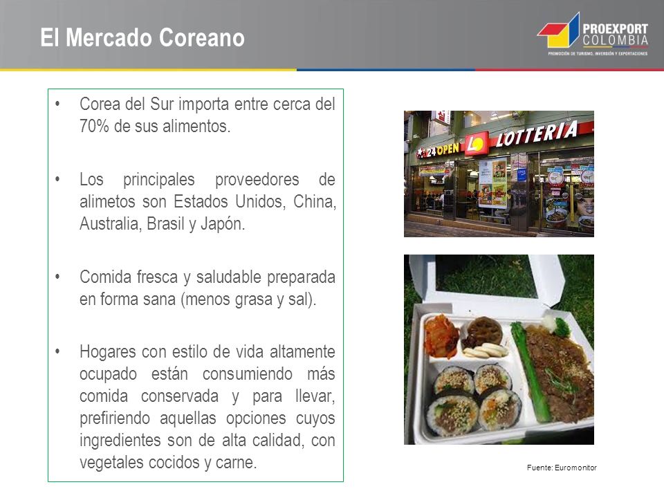 El Mercado Coreano Corea del Sur importa entre cerca del 70% de sus alimentos.