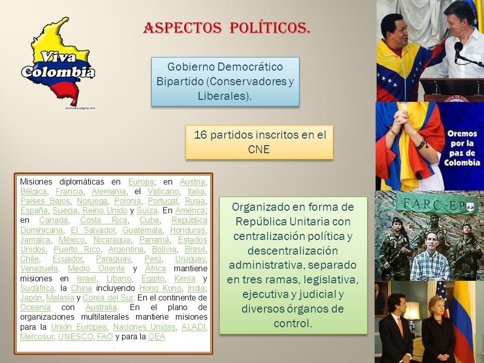 Aspectos Políticos. Gobierno Democrático Bipartido (Conservadores y Liberales). 16 partidos inscritos en el CNE.