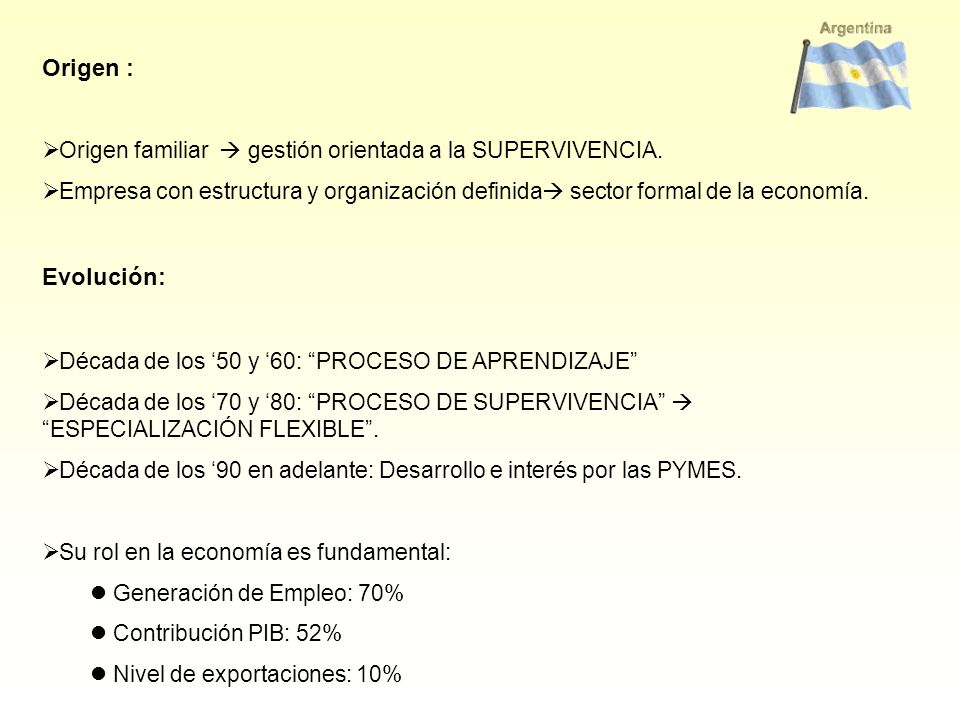 Origen : Origen familiar  gestión orientada a la SUPERVIVENCIA. Empresa con estructura y organización definida sector formal de la economía.