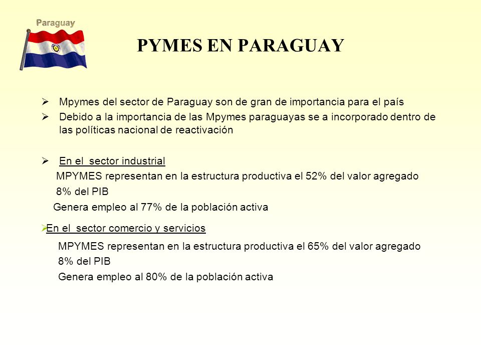 PYMES EN PARAGUAY Mpymes del sector de Paraguay son de gran de importancia para el país.