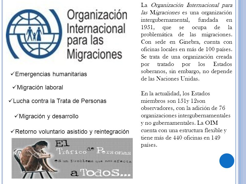 La Organización Internacional para las Migraciones es una organización intergubernamental, fundada en 1951, que se ocupa de la problemática de las migraciones. Con sede en Ginebra, cuenta con oficinas locales en más de 100 países. Se trata de una organización creada por tratado por los Estados soberanos, sin embargo, no depende de las Naciones Unidas.