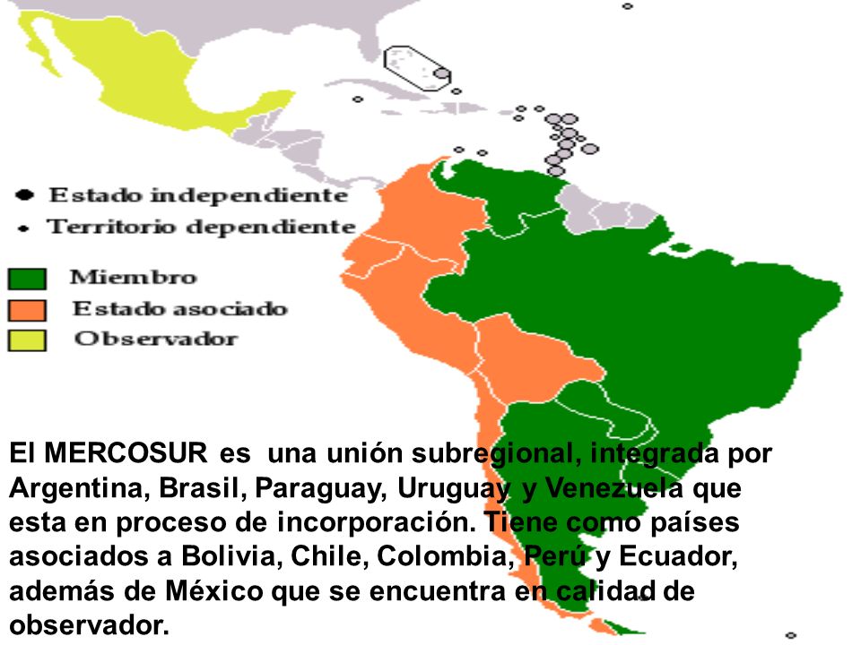 El MERCOSUR es una unión subregional, integrada por Argentina, Brasil, Paraguay, Uruguay y Venezuela que esta en proceso de incorporación.