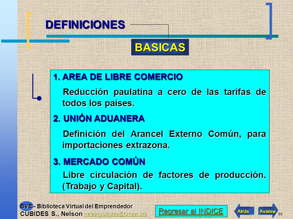 DEFINICIONES BASICAS. 1. AREA DE LIBRE COMERCIO. Reducción paulatina a cero de las tarifas de todos los países.