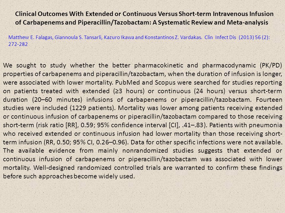 Clinical Outcomes With Extended or Continuous Versus Short-term Intravenous Infusion of Carbapenems and Piperacillin/Tazobactam: A Systematic Review and Meta-analysis