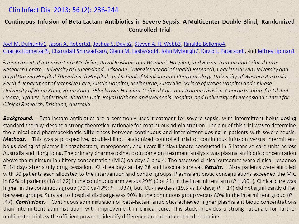 Continuous Infusion of Beta-Lactam Antibiotics in Severe Sepsis: A Multicenter Double-Blind, Randomized Controlled Trial