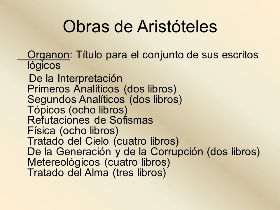 Obras de Aristóteles Organon: Título para el conjunto de sus escritos lógicos.
