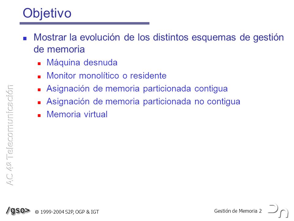 Objetivo Mostrar la evolución de los distintos esquemas de gestión de memoria. Máquina desnuda. Monitor monolítico o residente.