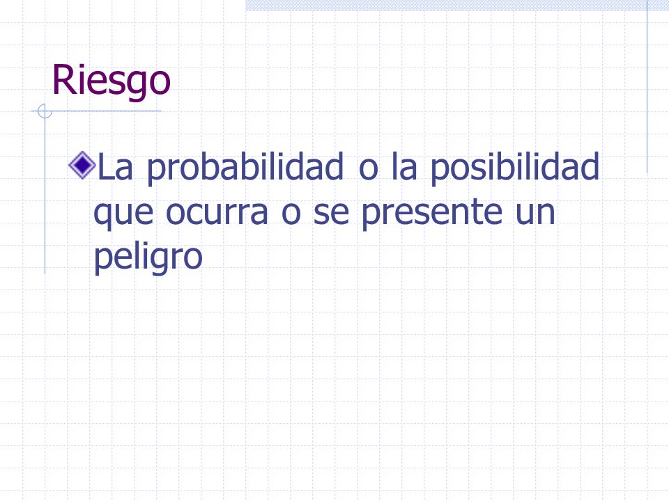 Riesgo La probabilidad o la posibilidad que ocurra o se presente un peligro