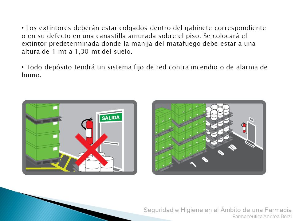 Los extintores deberán estar colgados dentro del gabinete correspondiente o en su defecto en una canastilla amurada sobre el piso. Se colocará el extintor predeterminada donde la manija del matafuego debe estar a una altura de 1 mt a 1,30 mt del suelo.