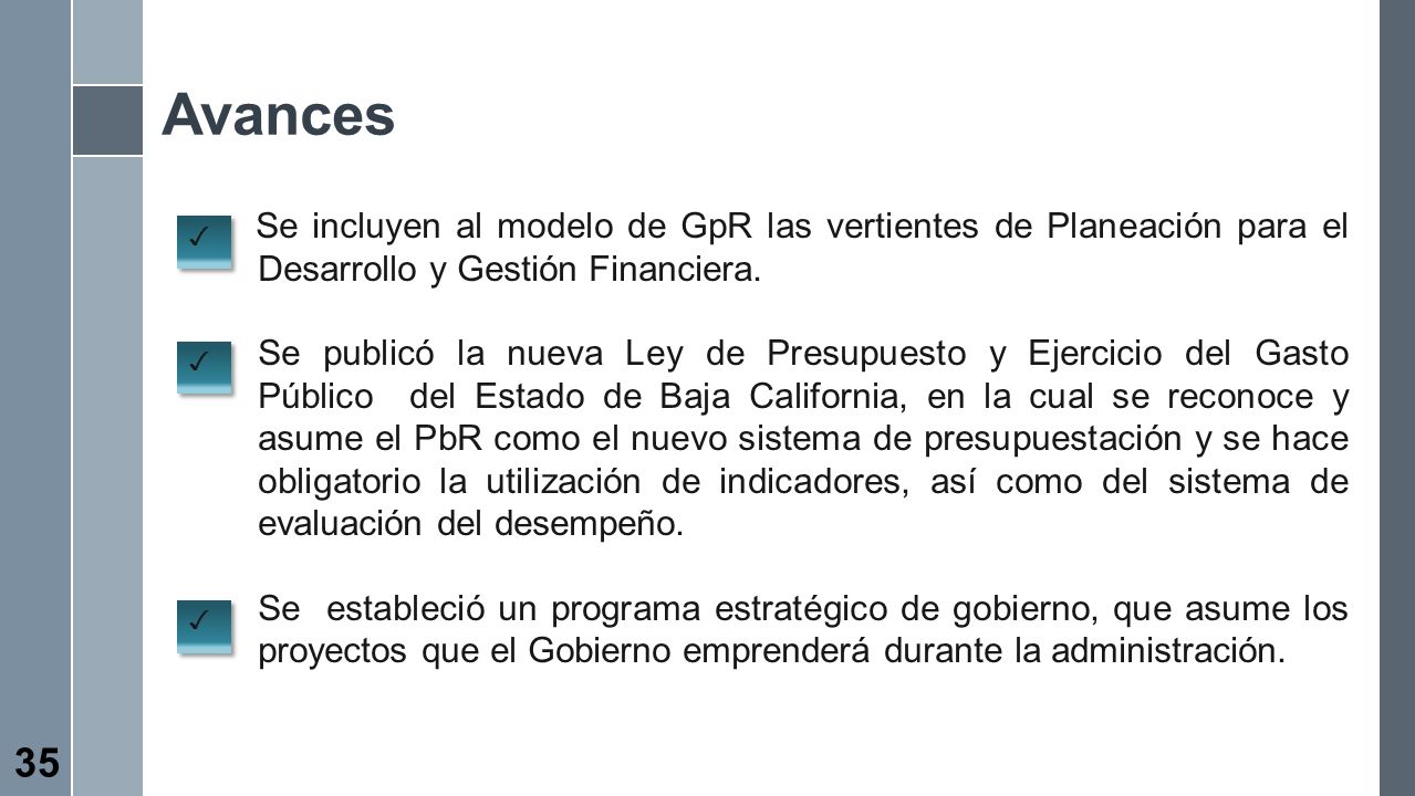 Avances Se incluyen al modelo de GpR las vertientes de Planeación para el Desarrollo y Gestión Financiera.