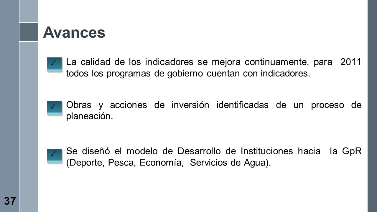 Avances La calidad de los indicadores se mejora continuamente, para 2011 todos los programas de gobierno cuentan con indicadores.