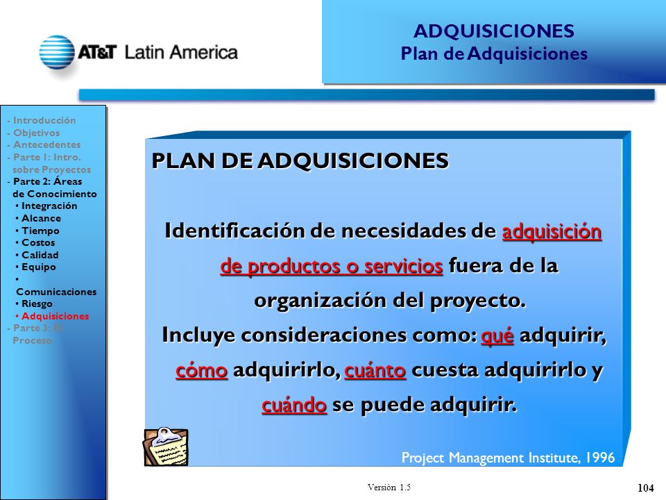 ADQUISICIONES Plan de Adquisiciones. - Introducción. - Objetivos. - Antecedentes. - Parte 1: Intro.