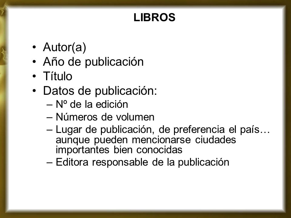 Autor(a) Año de publicación Título Datos de publicación: LIBROS