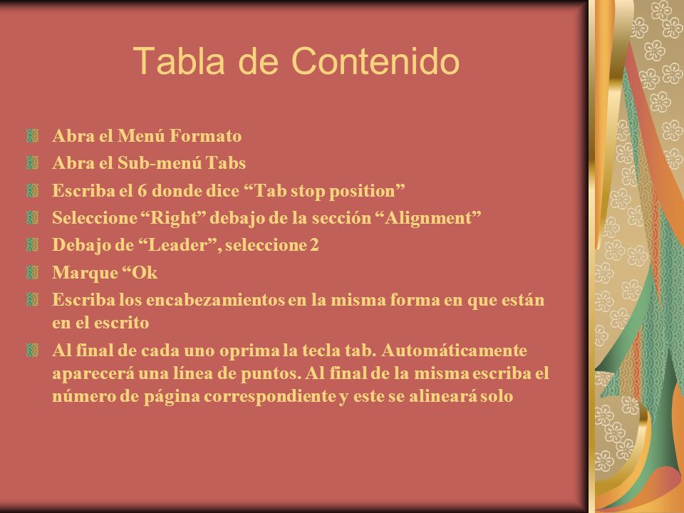 Tabla de Contenido Abra el Menú Formato Abra el Sub-menú Tabs
