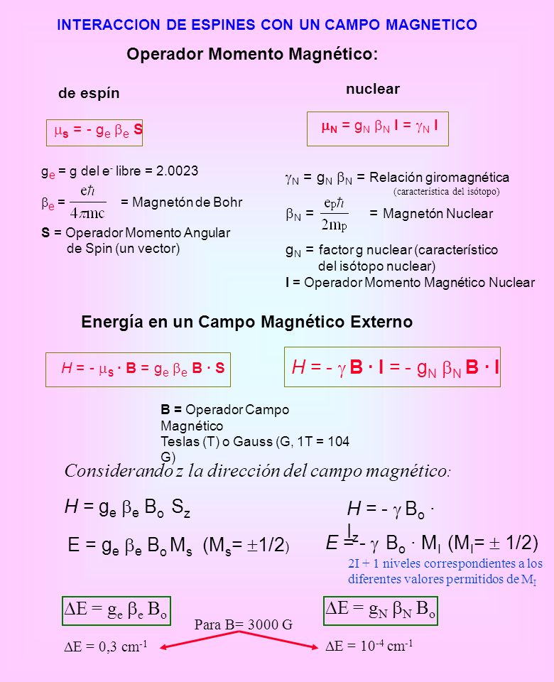 Considerando z la dirección del campo magnético: H = ge be Bo Sz