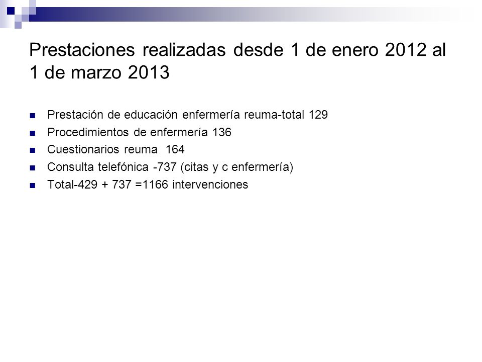 Prestaciones realizadas desde 1 de enero 2012 al 1 de marzo 2013