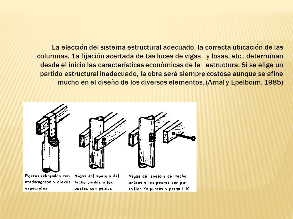 La elección del sistema estructural adecuado, la correcta ubicación de las columnas, 1a fijación acertada de tas luces de vigas y losas, etc., determinan desde el inicio las características económicas de la es­tructura.