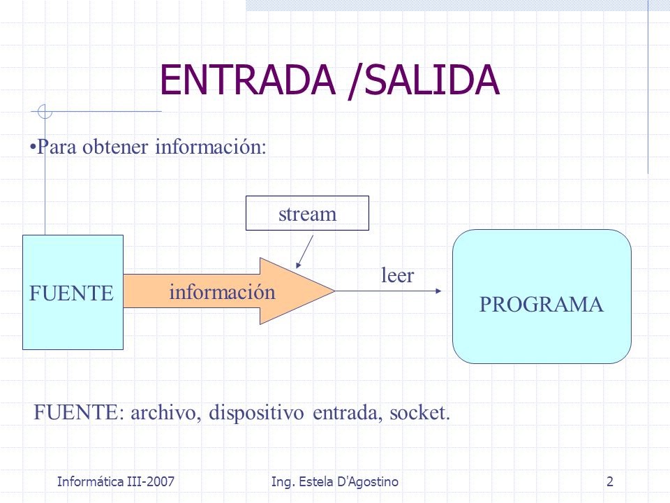 ENTRADA /SALIDA Para obtener información: stream FUENTE leer PROGRAMA