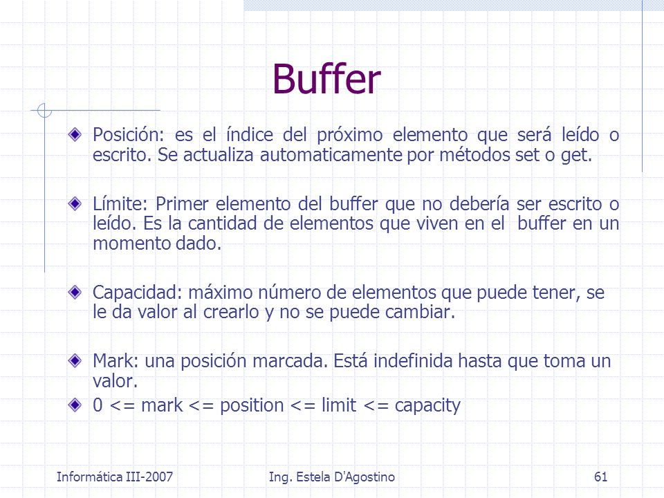 Buffer Posición: es el índice del próximo elemento que será leído o escrito. Se actualiza automaticamente por métodos set o get.
