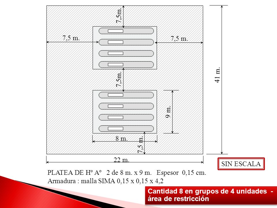 7,5m. 7,5 m. 7,5 m. 41 m. 7,5m. 9 m. 8 m. 7,5 m. 22 m. SIN ESCALA. PLATEA DE Hº Aº 2 de 8 m. x 9 m. Espesor 0,15 cm.