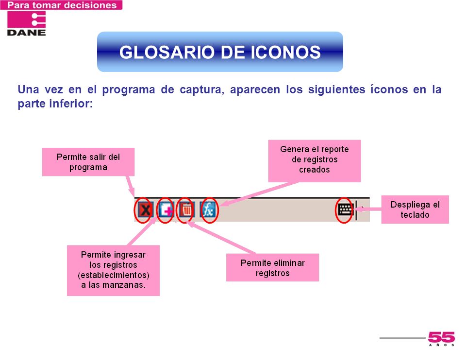 GLOSARIO DE ICONOS Una vez en el programa de captura, aparecen los siguientes íconos en la parte inferior: