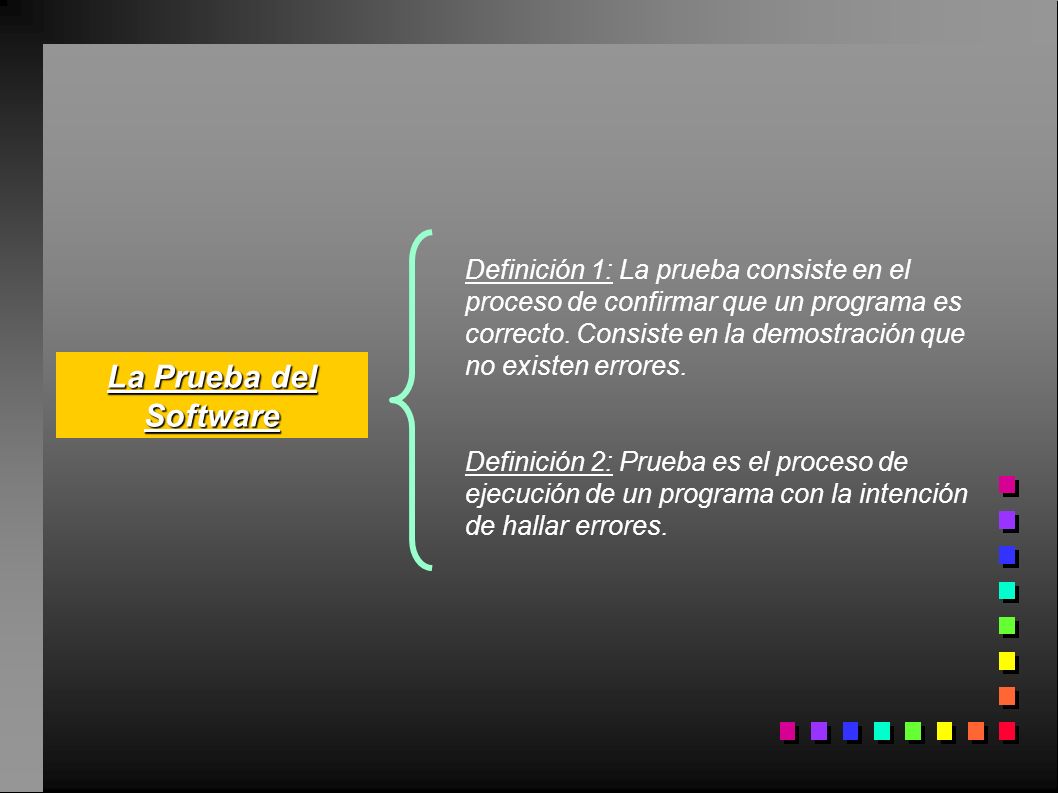 Definición 1: La prueba consiste en el proceso de confirmar que un programa es correcto. Consiste en la demostración que no existen errores.
