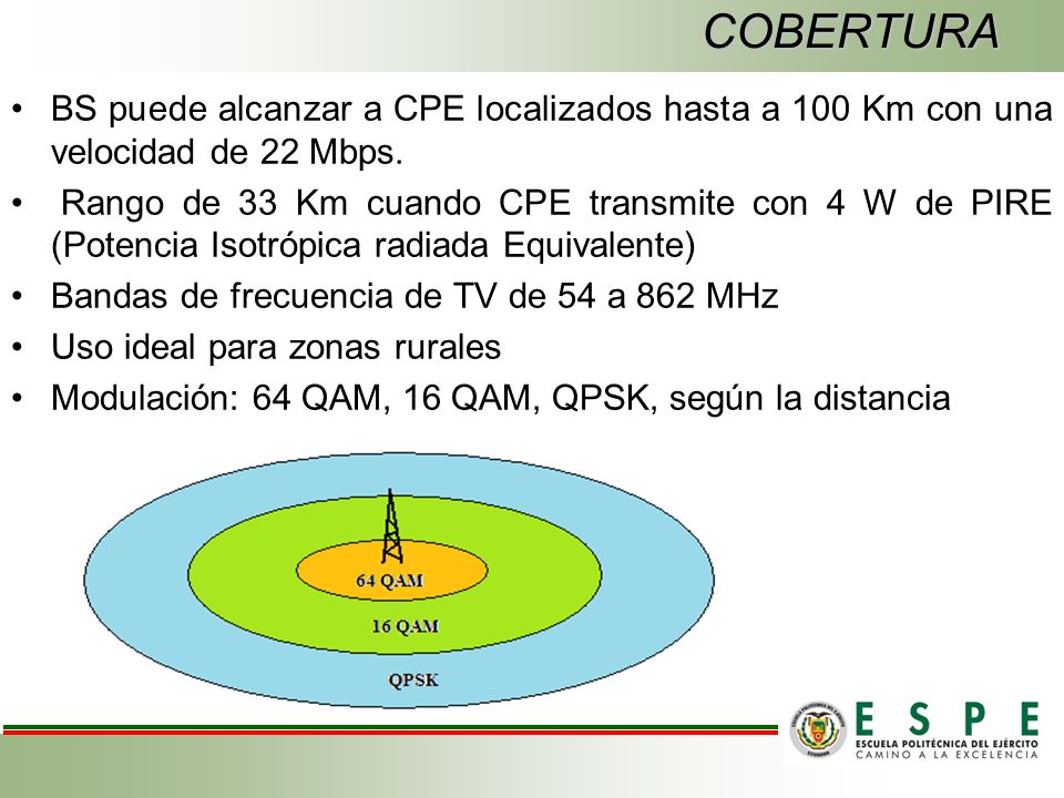 COBERTURA BS puede alcanzar a CPE localizados hasta a 100 Km con una velocidad de 22 Mbps.