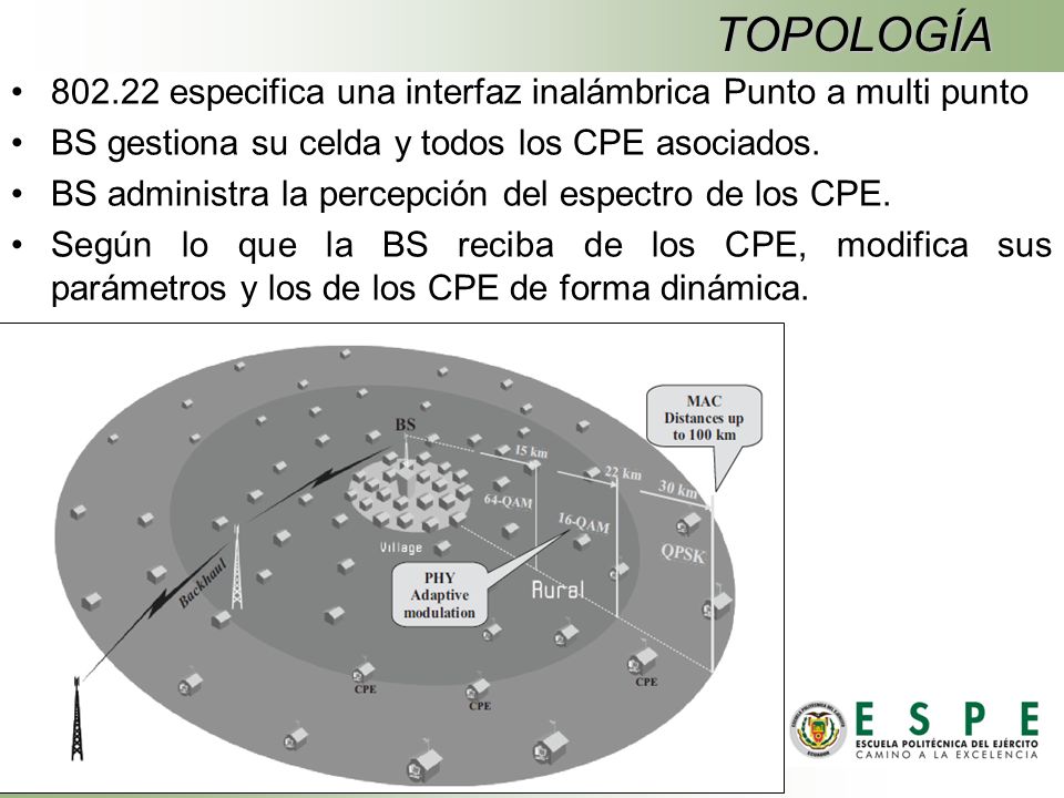 TOPOLOGÍA especifica una interfaz inalámbrica Punto a multi punto. BS gestiona su celda y todos los CPE asociados.