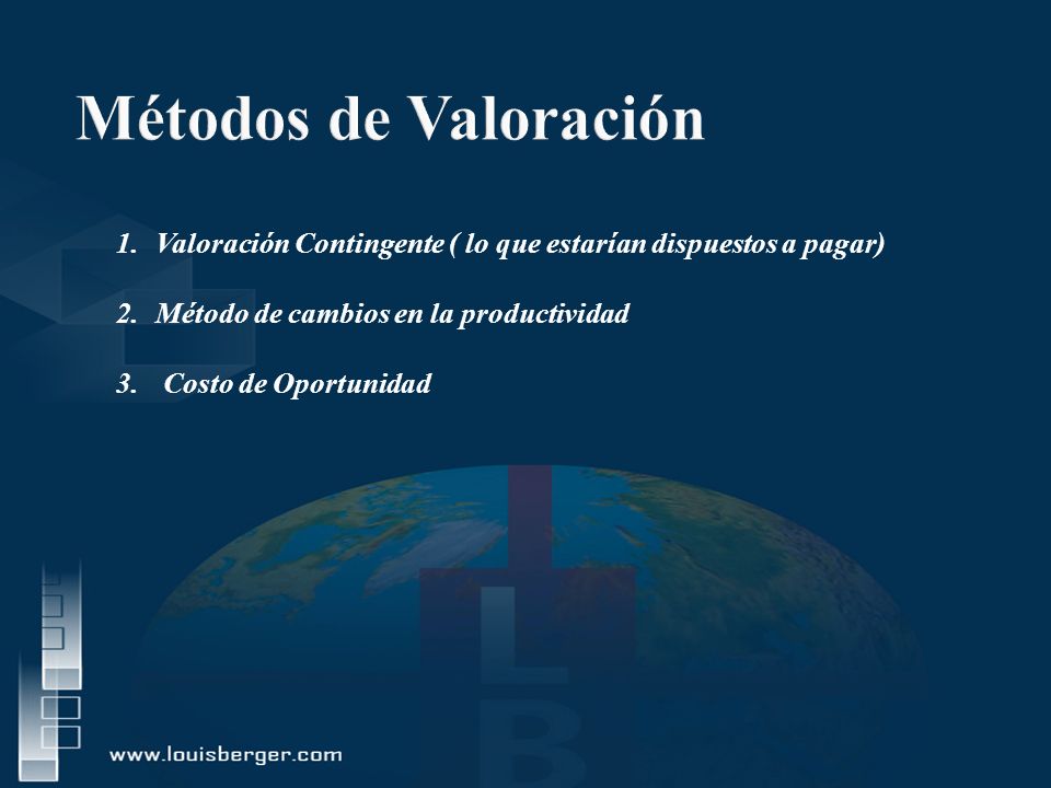 Métodos de Valoración Valoración Contingente ( lo que estarían dispuestos a pagar) Método de cambios en la productividad.