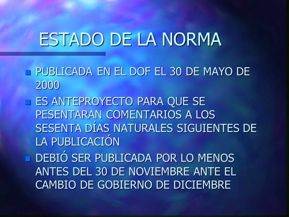 ESTADO DE LA NORMA PUBLICADA EN EL DOF EL 30 DE MAYO DE 2000
