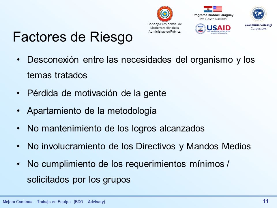 Factores de Riesgo Desconexión entre las necesidades del organismo y los temas tratados. Pérdida de motivación de la gente.