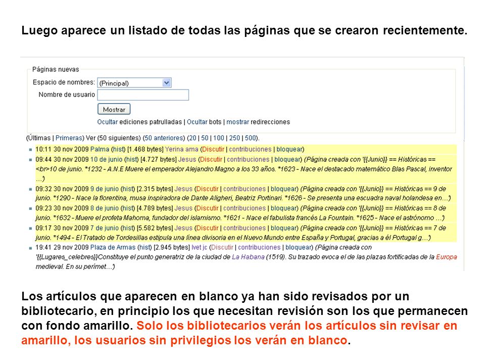 Luego aparece un listado de todas las páginas que se crearon recientemente.