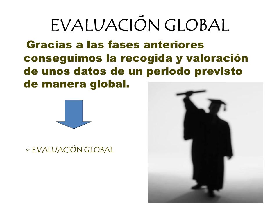 EVALUACIÓN GLOBAL Gracias a las fases anteriores conseguimos la recogida y valoración de unos datos de un periodo previsto de manera global.