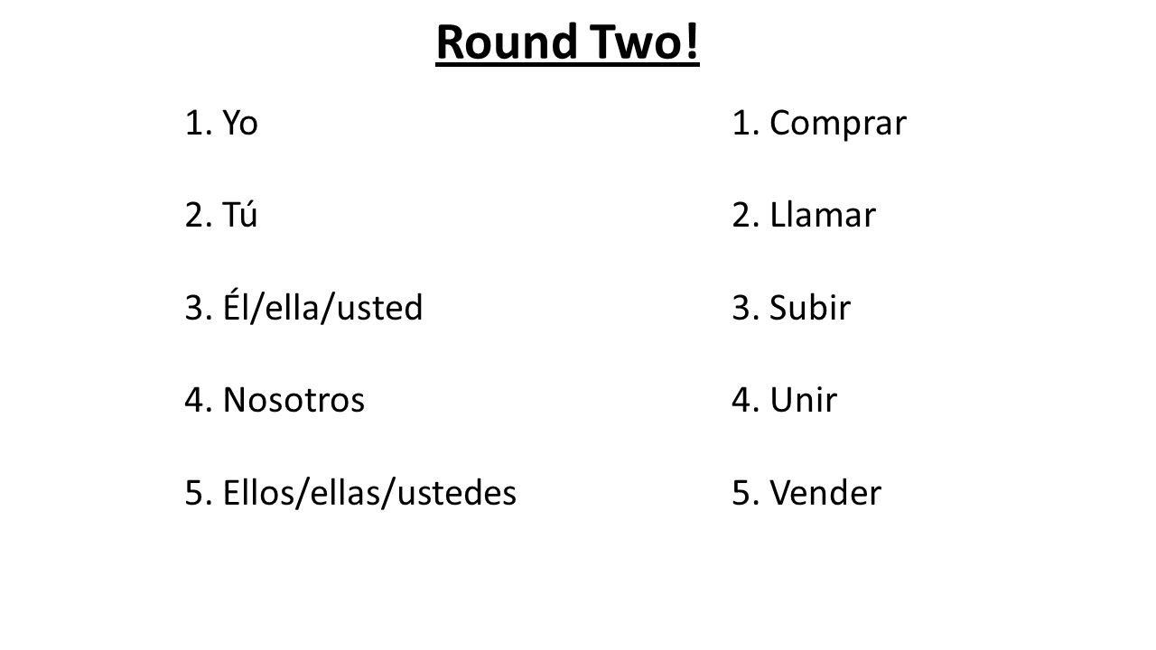 Round Two! 1. Yo 2. Tú 3. Él/ella/usted 4. Nosotros