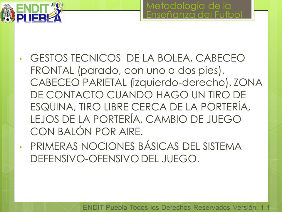 GESTOS TECNICOS DE LA BOLEA, CABECEO FRONTAL (parado, con uno o dos pies), CABECEO PARIETAL (izquierdo-derecho), ZONA DE CONTACTO CUANDO HAGO UN TIRO DE ESQUINA, TIRO LIBRE CERCA DE LA PORTERÍA, LEJOS DE LA PORTERÍA, CAMBIO DE JUEGO CON BALÓN POR AIRE.