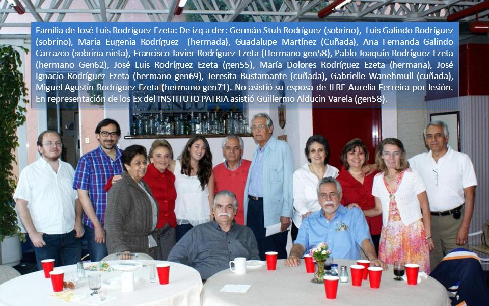 Familia de José Luis Rodríguez Ezeta: De izq a der: Germán Stuh Rodríguez (sobrino), Luis Galindo Rodríguez (sobrino), Maria Eugenia Rodríguez (hermada), Guadalupe Martínez (Cuñada), Ana Fernanda Galindo Carrazco (sobrina nieta), Francisco Javier Rodríguez Ezeta (Hermano gen58), Pablo Joaquín Rodríguez Ezeta (hermano Gen62), José Luis Rodríguez Ezeta (gen55), María Dolores Rodríguez Ezeta (hermana), José Ignacio Rodríguez Ezeta (hermano gen69), Teresita Bustamante (cuñada), Gabrielle Wanehmull (cuñada), Miguel Agustín Rodríguez Ezeta (hermano gen71).