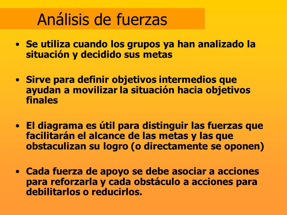 Análisis de fuerzas Se utiliza cuando los grupos ya han analizado la situación y decidido sus metas.