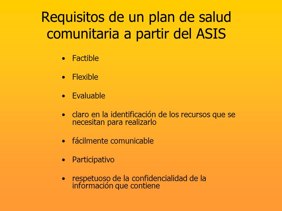 Requisitos de un plan de salud comunitaria a partir del ASIS