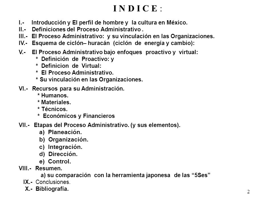 I N D I C E : a) Planeación. b) Organización. c) Integración.