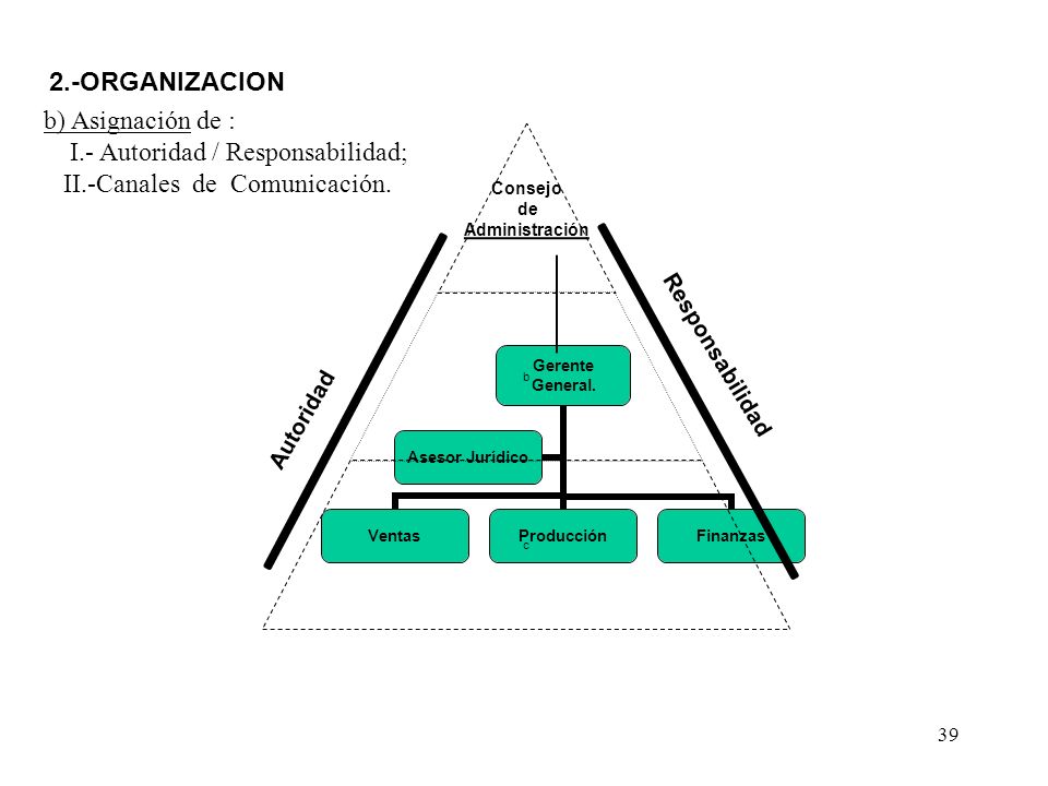 b) Asignación de : I.- Autoridad / Responsabilidad; II.-Canales de Comunicación.