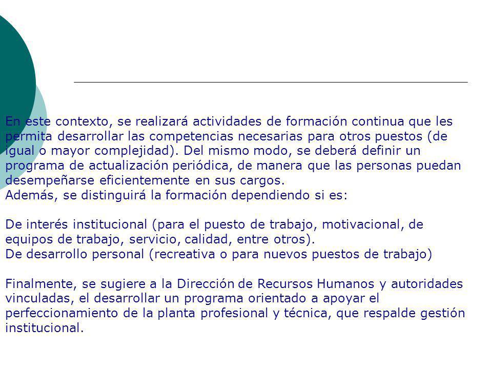 En este contexto, se realizará actividades de formación continua que les permita desarrollar las competencias necesarias para otros puestos (de igual o mayor complejidad). Del mismo modo, se deberá definir un programa de actualización periódica, de manera que las personas puedan desempeñarse eficientemente en sus cargos.