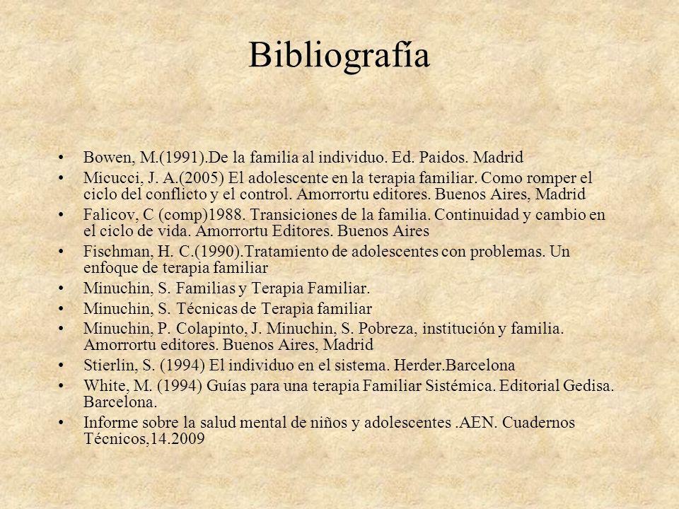 Bibliografía Bowen, M.(1991).De la familia al individuo. Ed. Paidos. Madrid.