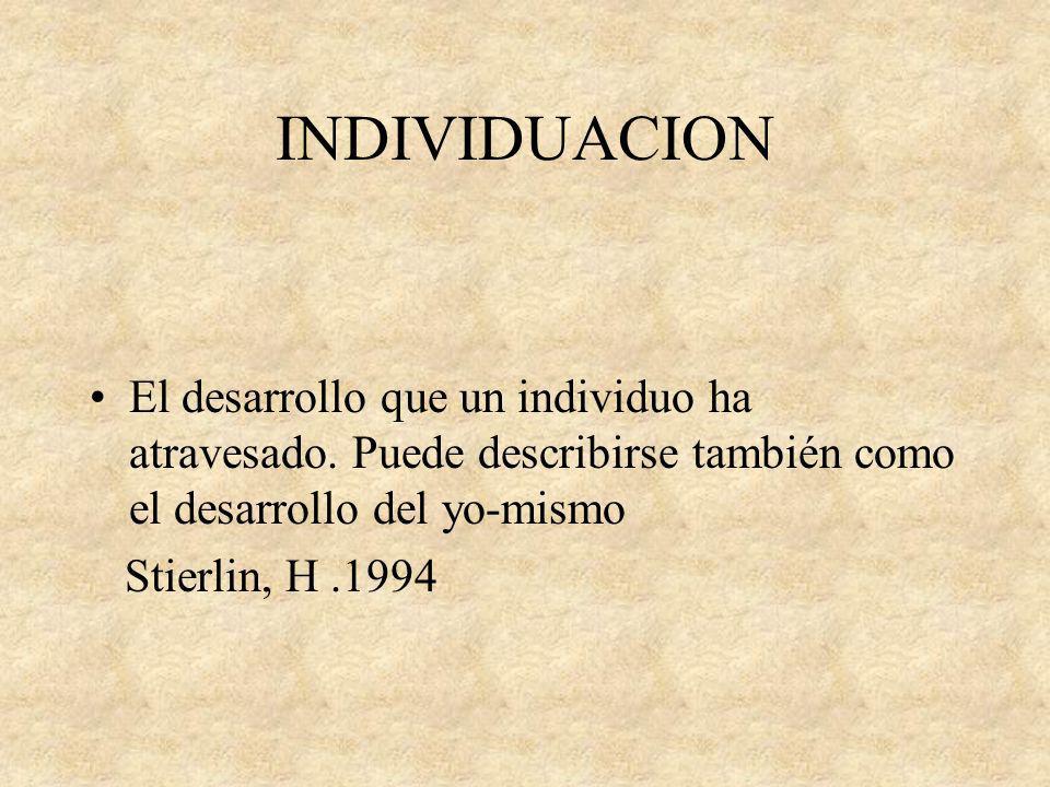 INDIVIDUACION El desarrollo que un individuo ha atravesado. Puede describirse también como el desarrollo del yo-mismo.