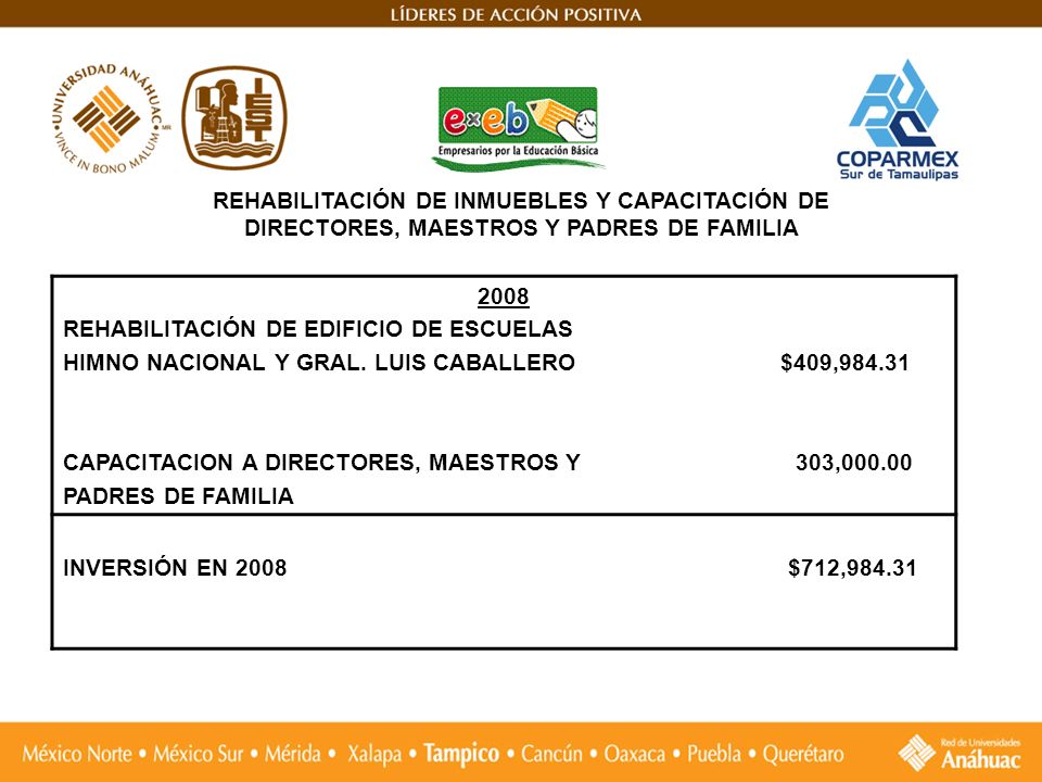 REHABILITACIÓN DE INMUEBLES Y CAPACITACIÓN DE DIRECTORES, MAESTROS Y PADRES DE FAMILIA
