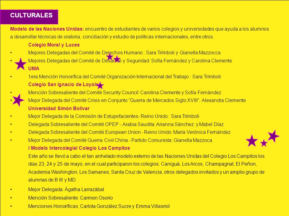 CULTURALES Modelo de las Naciones Unidas: encuentro de estudiantes de varios colegios y universidades que ayuda a los alumnos.