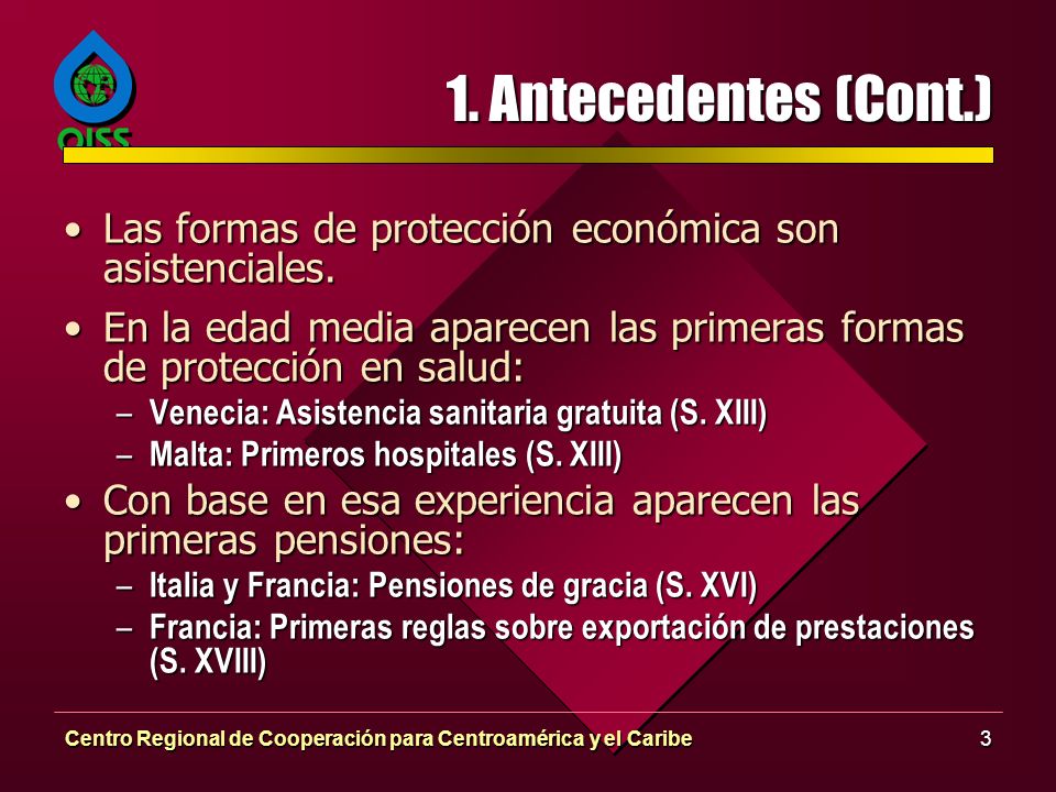 1. Antecedentes (Cont.) Las formas de protección económica son asistenciales. En la edad media aparecen las primeras formas de protección en salud: