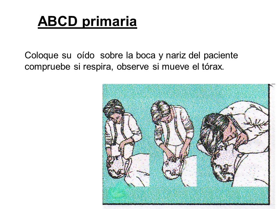 ABCD primaria Coloque su oído sobre la boca y nariz del paciente compruebe si respira, observe si mueve el tórax.