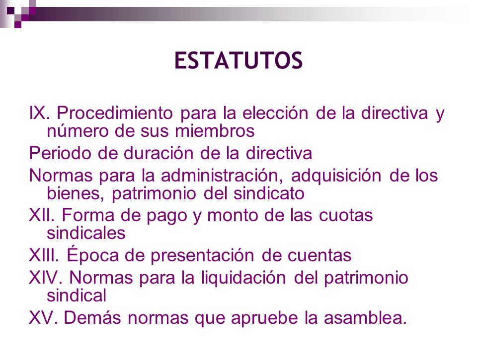 ESTATUTOS IX. Procedimiento para la elección de la directiva y número de sus miembros. Periodo de duración de la directiva.