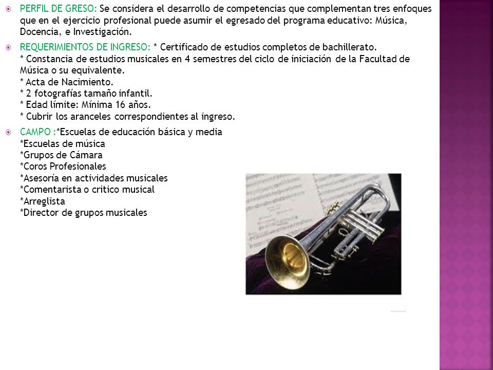 PERFIL DE GRESO: Se considera el desarrollo de competencias que complementan tres enfoques que en el ejercicio profesional puede asumir el egresado del programa educativo: Música, Docencia, e Investigación.