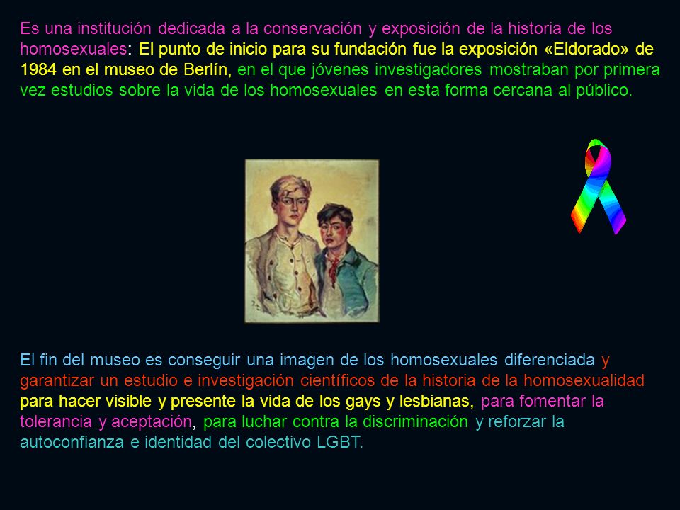 Es una institución dedicada a la conservación y exposición de la historia de los homosexuales: El punto de inicio para su fundación fue la exposición «Eldorado» de 1984 en el museo de Berlín, en el que jóvenes investigadores mostraban por primera vez estudios sobre la vida de los homosexuales en esta forma cercana al público.